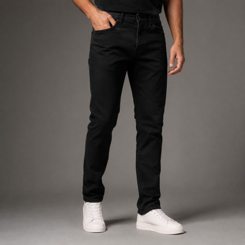 Man wearing jet black slim-fit denim jeans in a professional studio setting, front view with focus on the jeans and upper body cropped out.