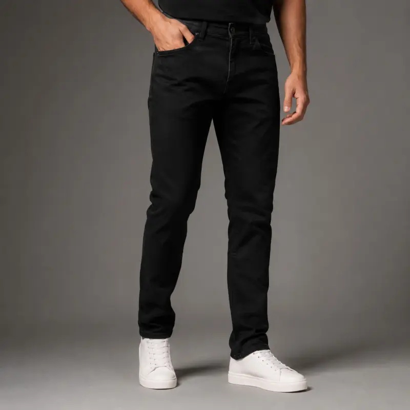 Man wearing jet black slim-fit denim jeans in a professional studio setting, front view with focus on the jeans and upper body cropped out.