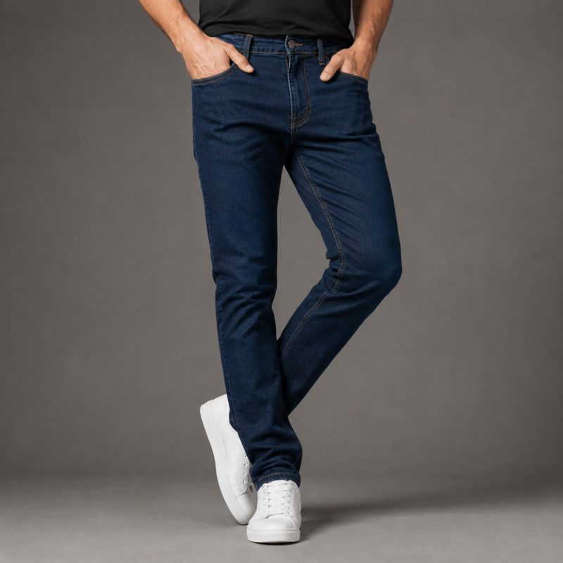 Man wearing dark navy blue denim jeans in a studio setting, back view highlighting the rear pockets, stitching, fit, and denim texture.