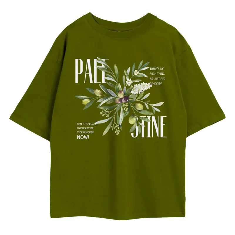 Palestine Olive Oversized Shirt — bold solidarity graphic tee with olive branch and anti-genocide statements in olive green