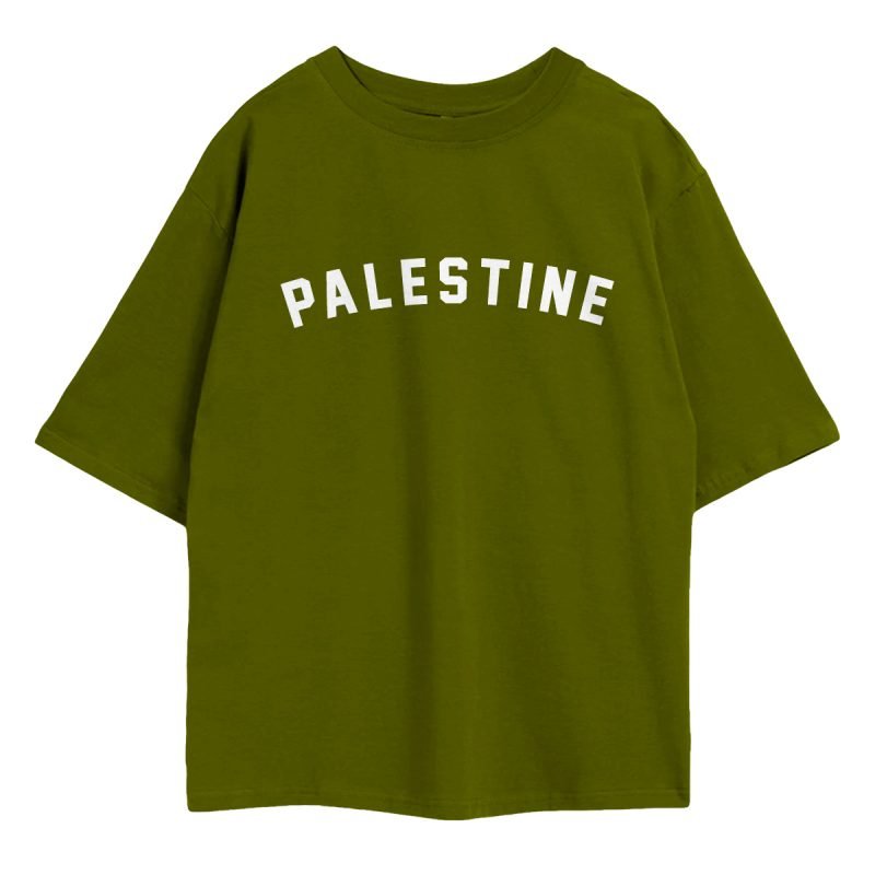 Palestine Oversized Shirt — bold arch block letter print solidarity tee in black