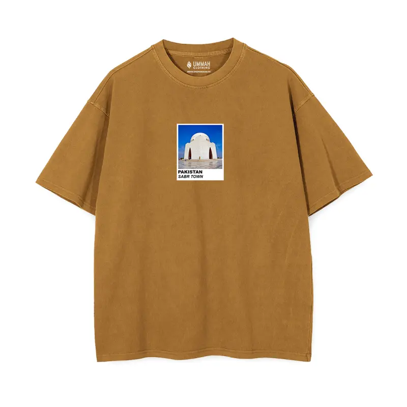 Sabr Town Karachi Oversized T-Shirt in black — Mazar-e-Quaid Polaroid print Pakistan graphic tee", "Sabr Town Karachi Oversized T-Shirt in olive