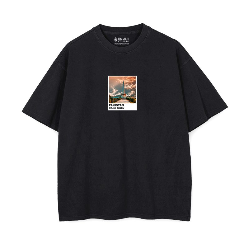 Sabr Town Lahore Oversized T-Shirt in black — Minar-e-Pakistan Polaroid print Pakistan graphic tee", "Sabr Town Lahore Oversized T-Shirt in olive