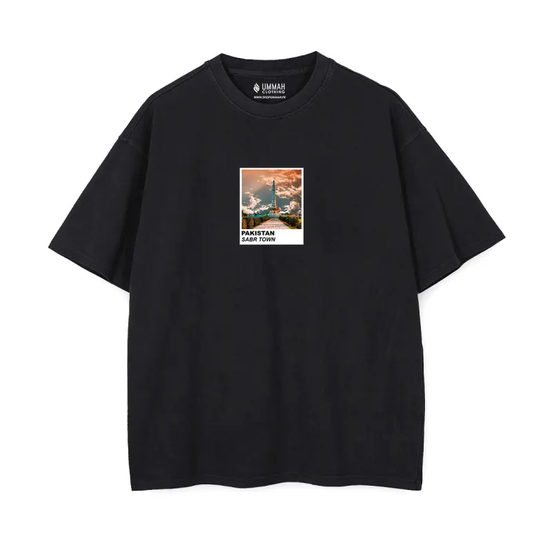 Sabr Town Lahore Oversized T-Shirt in black — Minar-e-Pakistan Polaroid print Pakistan graphic tee", "Sabr Town Lahore Oversized T-Shirt in olive