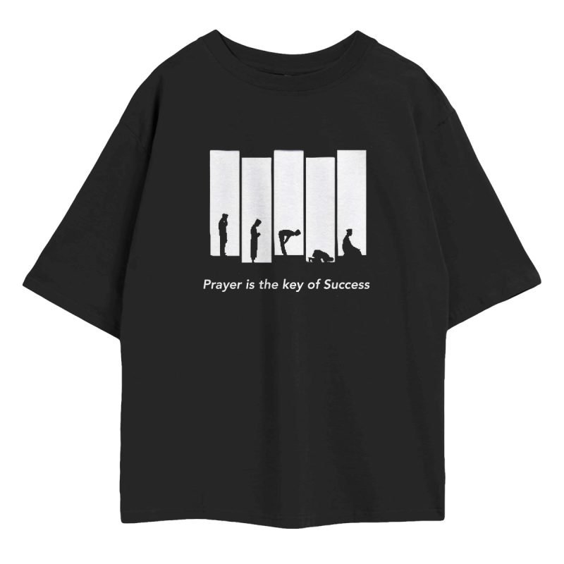 Prayer is the Key to Success Oversized T-Shirt — salah positions silhouette key panel graphic Islamic tee in black