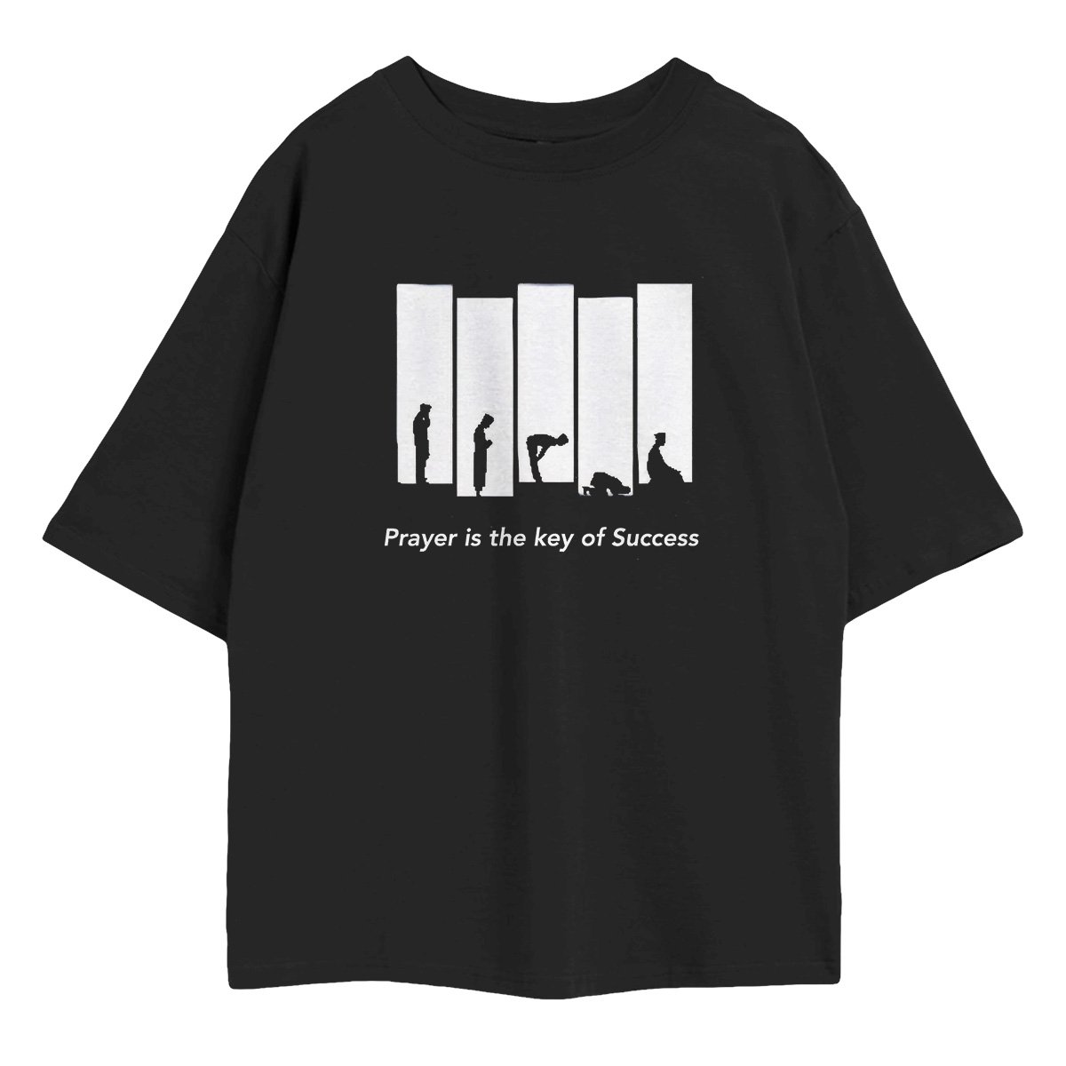Prayer is the Key to Success Oversized T-Shirt — salah positions silhouette key panel graphic Islamic tee in black