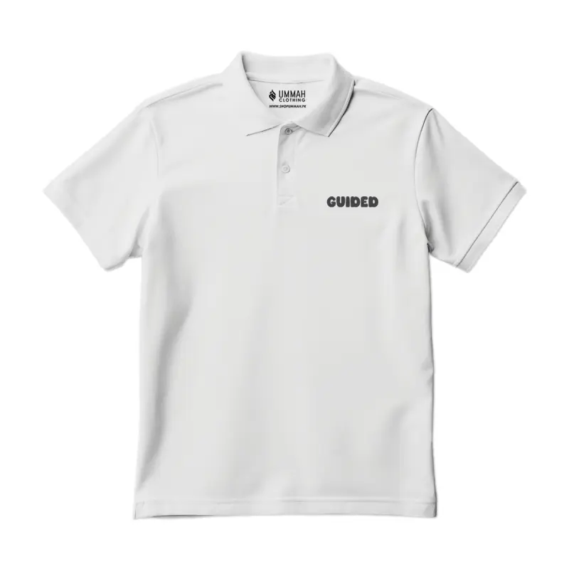 Guided Islamic Polo Shirt in white — bold GUIDED chest print smart casual Muslim polo