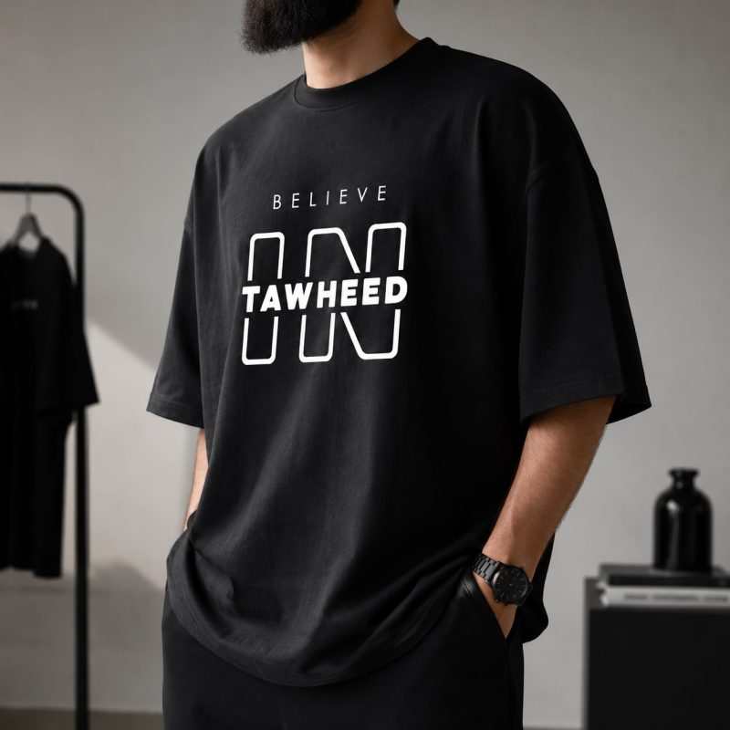 Black Believe in Tawheed oversized shirt with white Islamic typography design