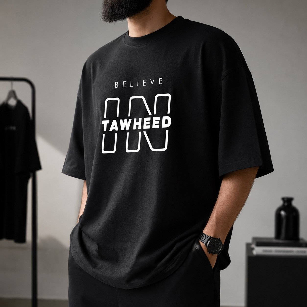 Black Believe in Tawheed oversized shirt with white Islamic typography design