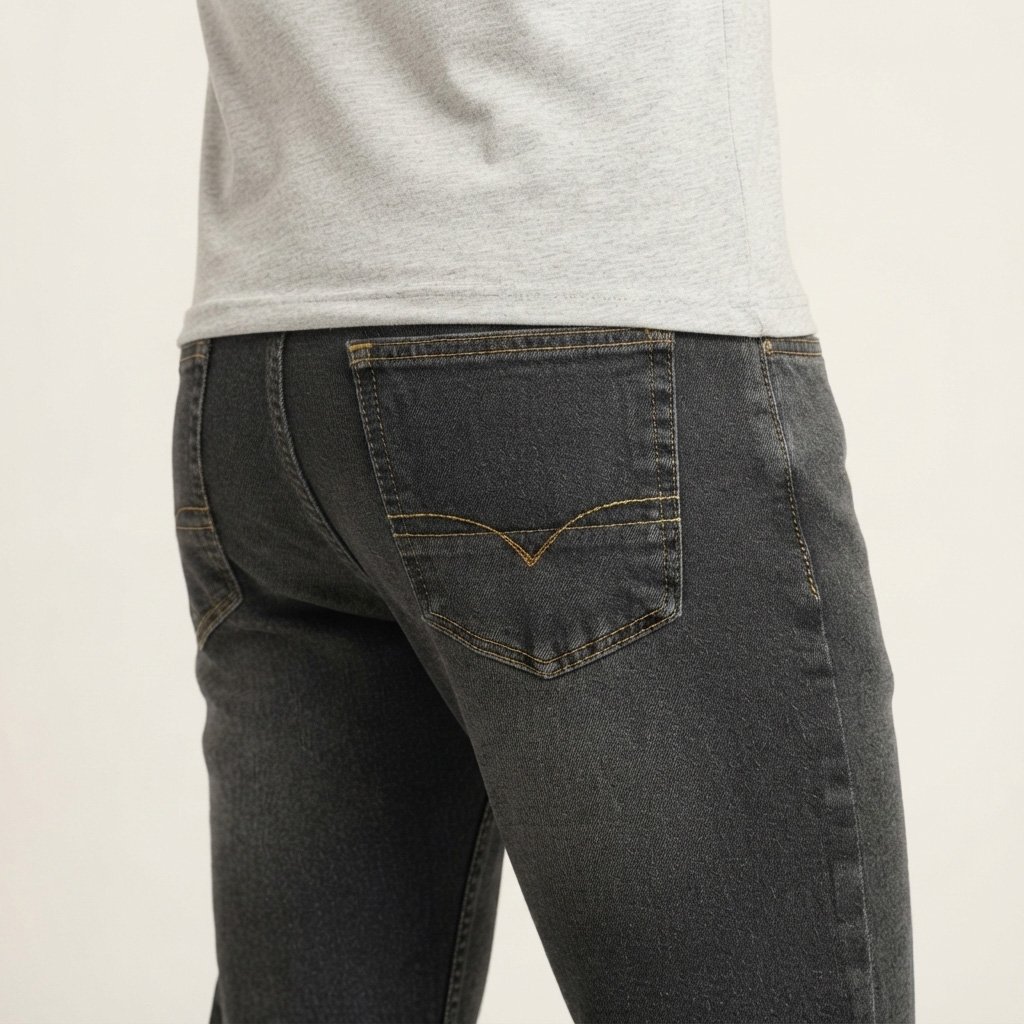 Charcoal grey slim-fit denim jeans with contrast gold stitching back pocket detail — Ummah Clothing