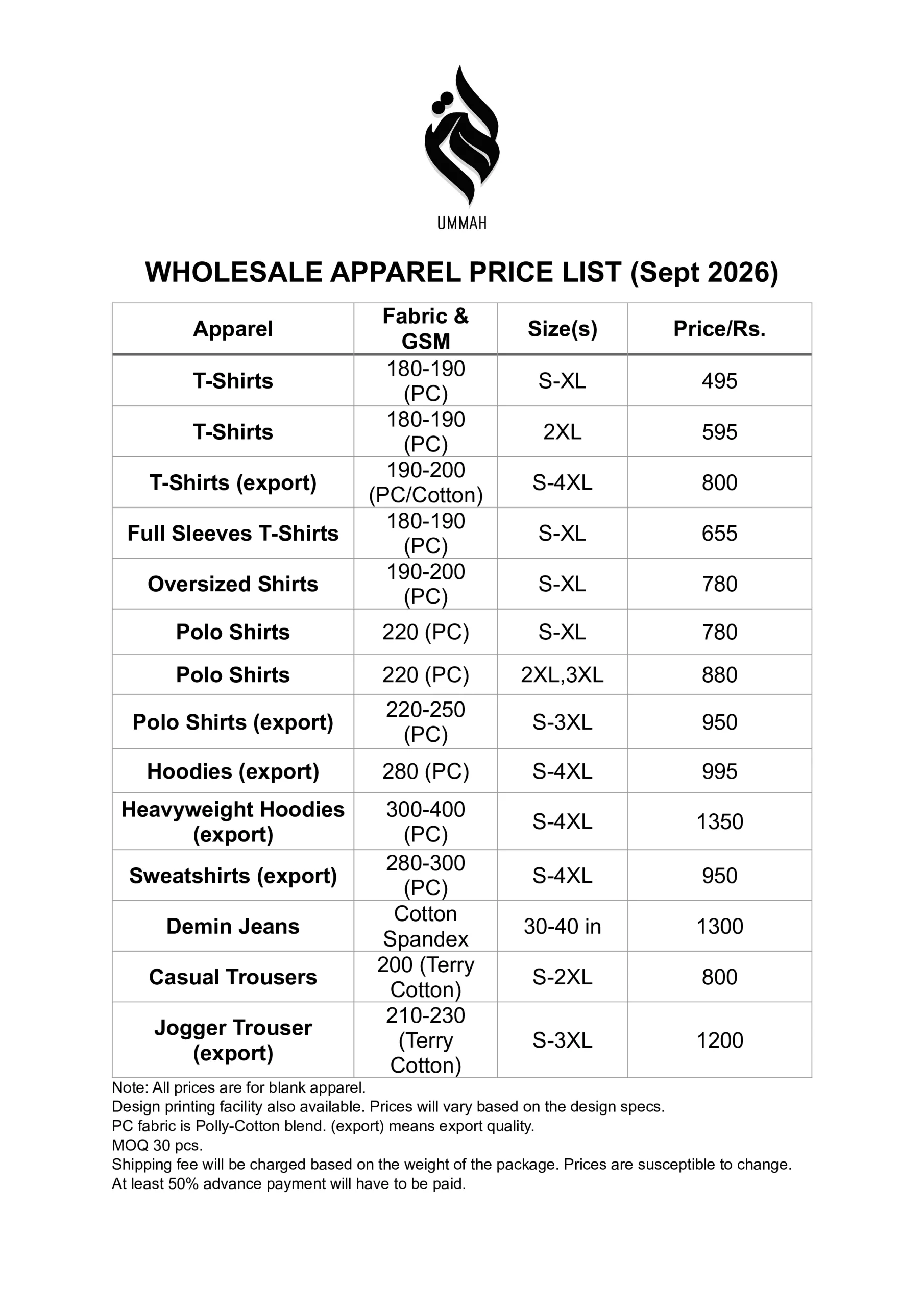WHOLESALE PRICE LIST - Ummah Clothing - September 26-1