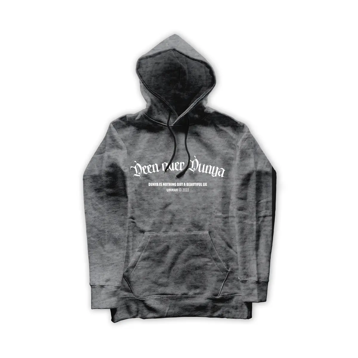 Deen over Dunya Hoodie Limited Edition in black — gothic blackletter Islamic print dunya is a beautiful lie premium hoodie